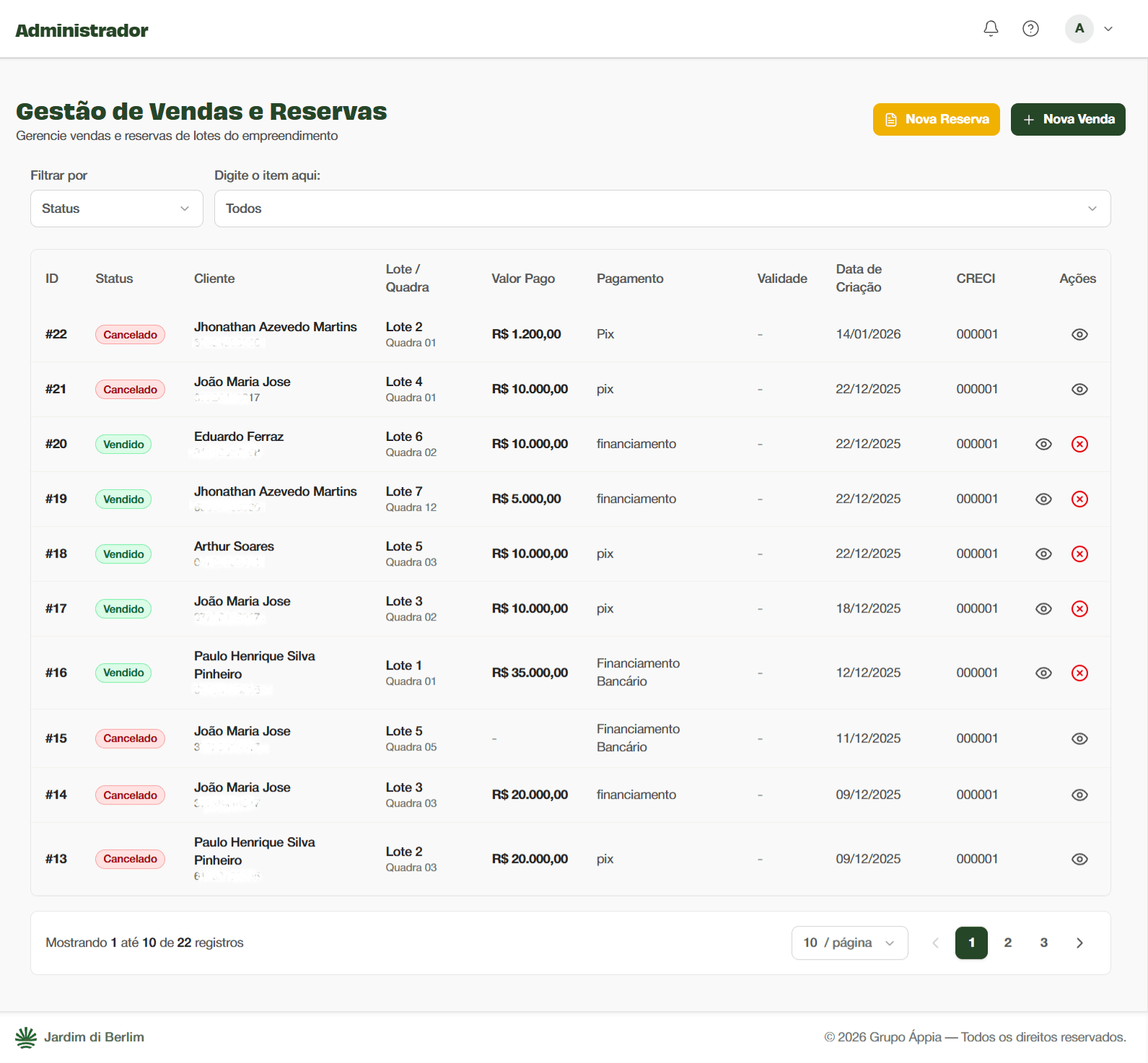 Gestão de lotes - vender e reservar